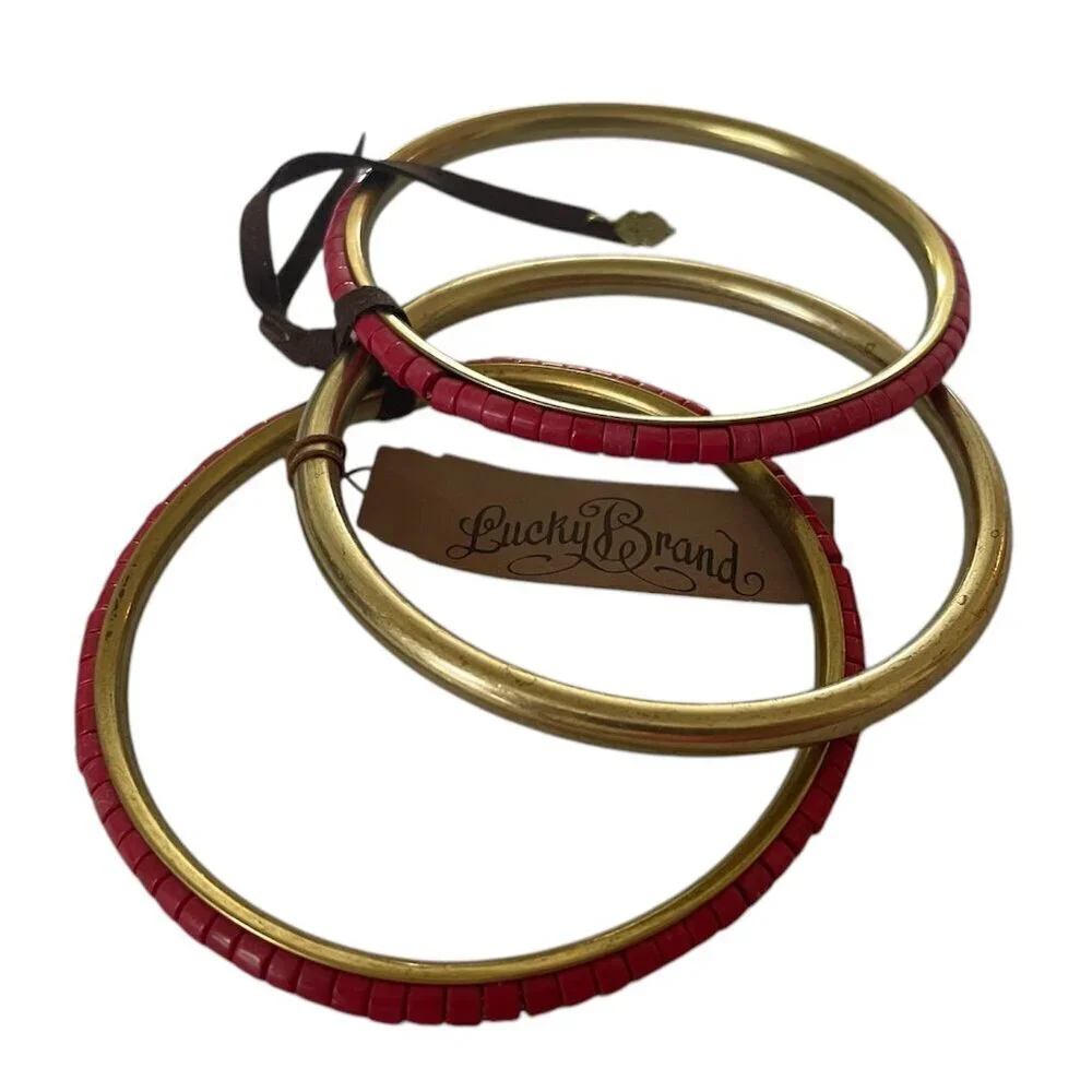 LUCKY BRAND Goldstone Red Beads Studded 3 Piece Bangle Bracelet